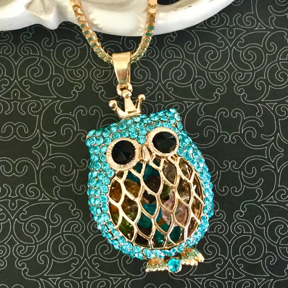NWT Betsy Johnson Owl Necklace Teeny Crown Aqua Crystals Gold Long Chain